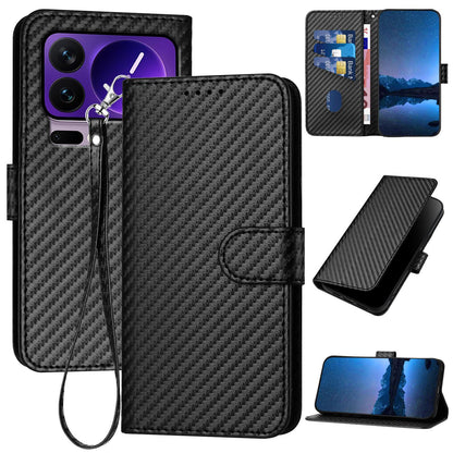 Xiaomi 17 Pro Carbon Fiber Buckle Leather Phone Case with Lanyard, PU Leather TPU Wallet Cover with Card Slot, Cash Compartment, Stand Function & Scratch Protection