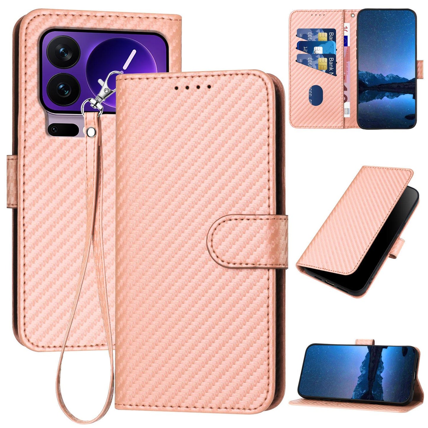 Xiaomi 17 Pro Carbon Fiber Buckle Leather Phone Case with Lanyard, PU Leather TPU Wallet Cover with Card Slot, Cash Compartment, Stand Function & Scratch Protection