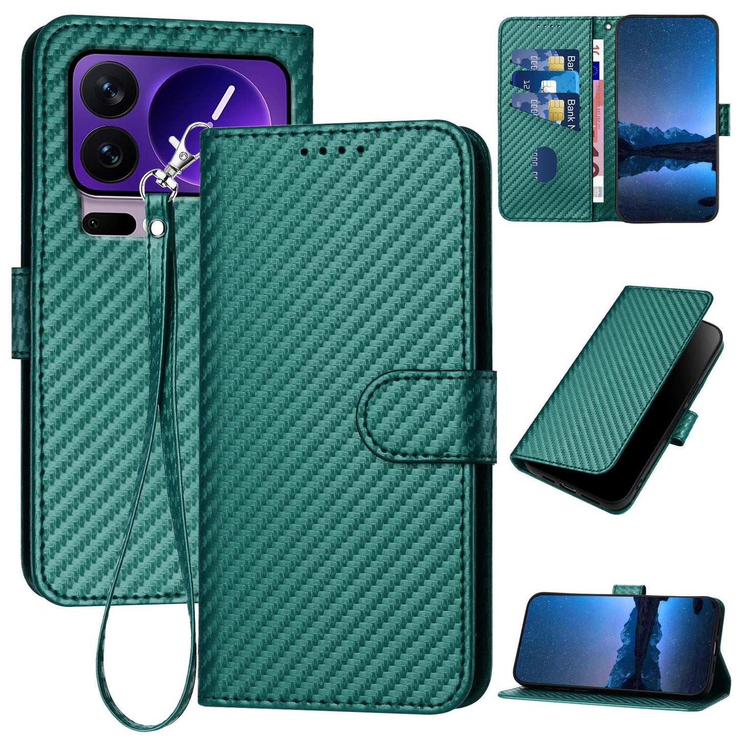 Xiaomi 17 Pro Carbon Fiber Buckle Leather Phone Case with Lanyard, PU Leather TPU Wallet Cover with Card Slot, Cash Compartment, Stand Function & Scratch Protection