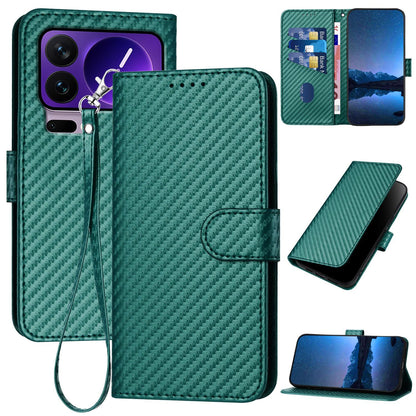 Xiaomi 17 Pro Carbon Fiber Buckle Leather Phone Case with Lanyard, PU Leather TPU Wallet Cover with Card Slot, Cash Compartment, Stand Function & Scratch Protection