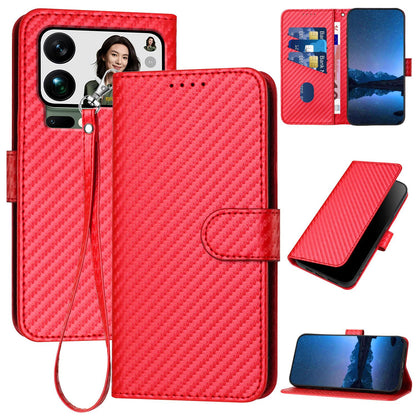 Xiaomi 17 Pro Max Carbon Fiber Buckle Leather Phone Case with Lanyard, PU Leather TPU Wallet Cover with Card Slot, Cash Compartment, Stand Function & Scratch Protection