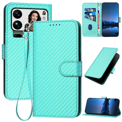 Xiaomi 17 Pro Max Carbon Fiber Buckle Leather Phone Case with Lanyard, PU Leather TPU Wallet Cover with Card Slot, Cash Compartment, Stand Function & Scratch Protection