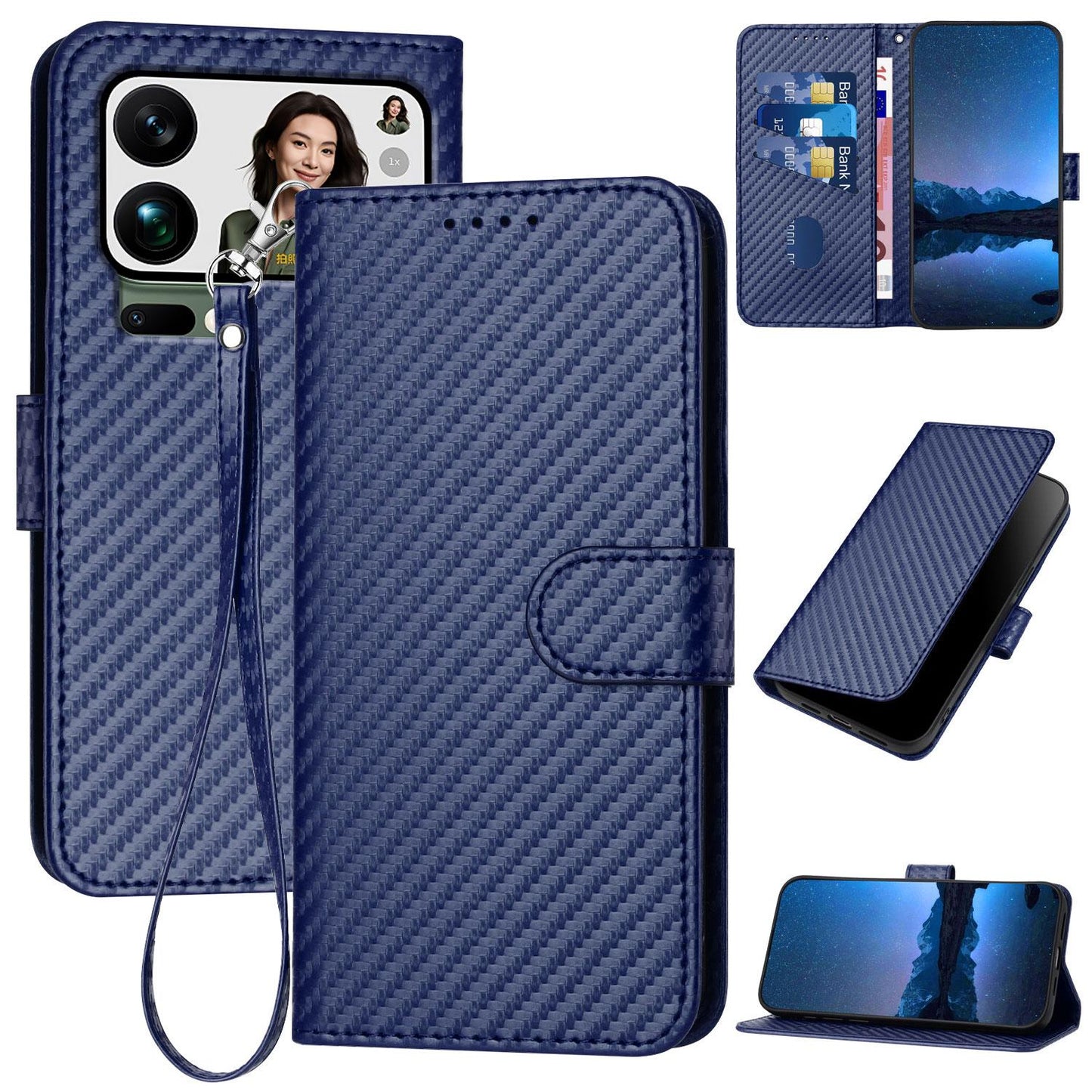 Xiaomi 17 Pro Max Carbon Fiber Buckle Leather Phone Case with Lanyard, PU Leather TPU Wallet Cover with Card Slot, Cash Compartment, Stand Function & Scratch Protection