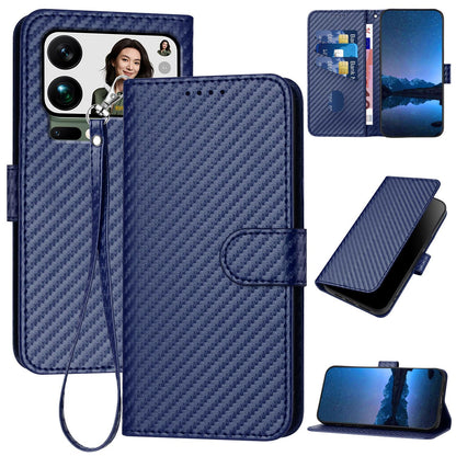 Xiaomi 17 Pro Max Carbon Fiber Buckle Leather Phone Case with Lanyard, PU Leather TPU Wallet Cover with Card Slot, Cash Compartment, Stand Function & Scratch Protection