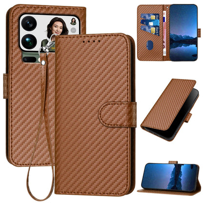 Xiaomi 17 Pro Max Carbon Fiber Buckle Leather Phone Case with Lanyard, PU Leather TPU Wallet Cover with Card Slot, Cash Compartment, Stand Function & Scratch Protection