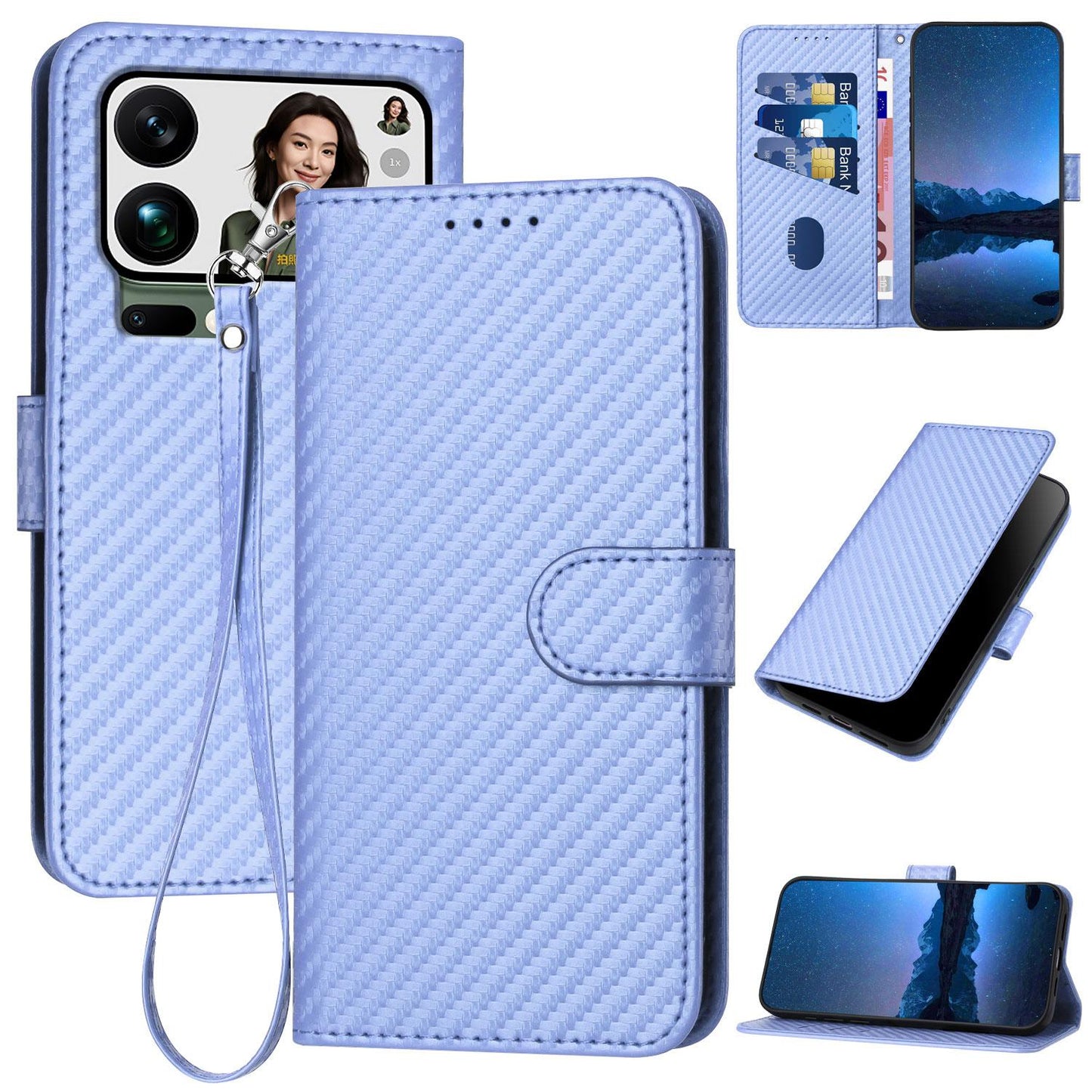Xiaomi 17 Pro Max Carbon Fiber Buckle Leather Phone Case with Lanyard, PU Leather TPU Wallet Cover with Card Slot, Cash Compartment, Stand Function & Scratch Protection