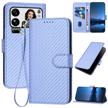 Xiaomi 17 Pro Max Carbon Fiber Buckle Leather Phone Case with Lanyard, PU Leather TPU Wallet Cover with Card Slot, Cash Compartment, Stand Function & Scratch Protection