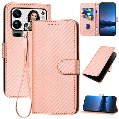 Xiaomi 17 Pro Max Carbon Fiber Buckle Leather Phone Case with Lanyard, PU Leather TPU Wallet Cover with Card Slot, Cash Compartment, Stand Function & Scratch Protection