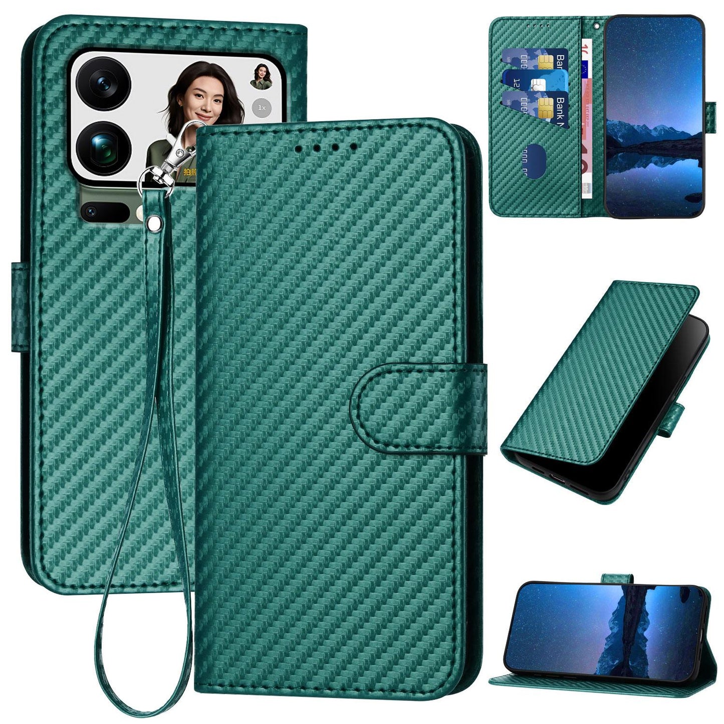 Xiaomi 17 Pro Max Carbon Fiber Buckle Leather Phone Case with Lanyard, PU Leather TPU Wallet Cover with Card Slot, Cash Compartment, Stand Function & Scratch Protection