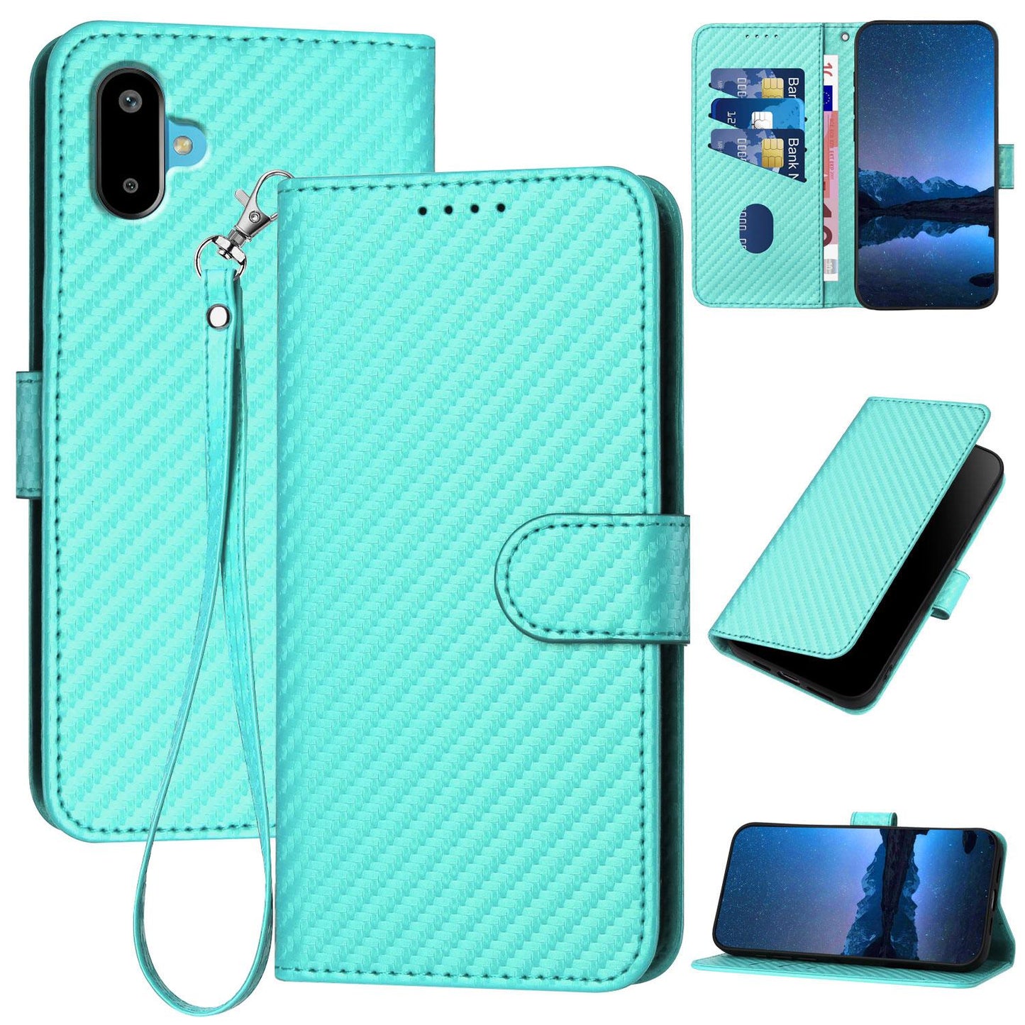 Samsung Galaxy F06 5G Carbon Fiber Buckle Leather Phone Case with Lanyard, PU Leather TPU Wallet Cover with Card Slot, Cash Compartment, Stand Function & Scratch Protection