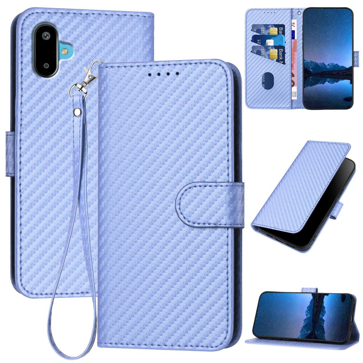 Samsung Galaxy M06 5G Carbon Fiber Buckle Leather Phone Case with Lanyard, PU Leather TPU Wallet Cover with Card Slot, Cash Compartment, Stand Function & Scratch Protection