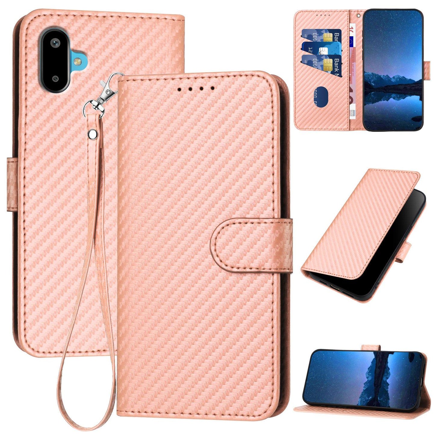 Samsung Galaxy F06 5G Carbon Fiber Buckle Leather Phone Case with Lanyard, PU Leather TPU Wallet Cover with Card Slot, Cash Compartment, Stand Function & Scratch Protection