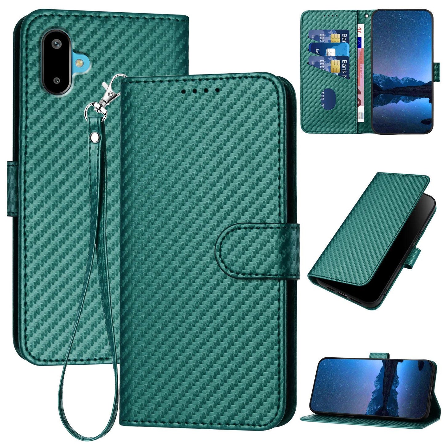 Samsung Galaxy F06 5G Carbon Fiber Buckle Leather Phone Case with Lanyard, PU Leather TPU Wallet Cover with Card Slot, Cash Compartment, Stand Function & Scratch Protection