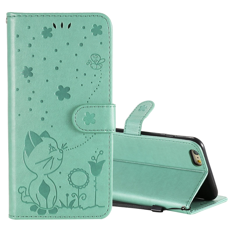 For Apple iPhone 6 Plus Cat and Bee Embossed Flip Leather Phone Case Wallet Cover with Card Slots Cash Pocket Magnetic Stand Protective Shockproof TPU PU Leather Case with Wrist Strap