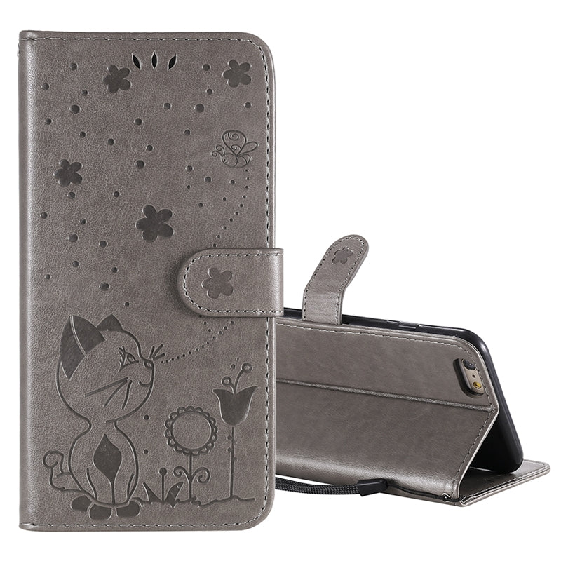 For Apple iPhone 6 Plus Cat and Bee Embossed Flip Leather Phone Case Wallet Cover with Card Slots Cash Pocket Magnetic Stand Protective Shockproof TPU PU Leather Case with Wrist Strap