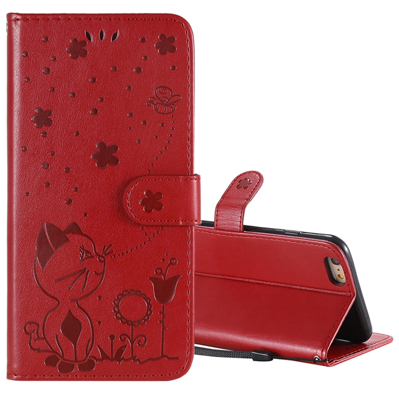 For Apple iPhone 6 Plus Cat and Bee Embossed Flip Leather Phone Case Wallet Cover with Card Slots Cash Pocket Magnetic Stand Protective Shockproof TPU PU Leather Case with Wrist Strap