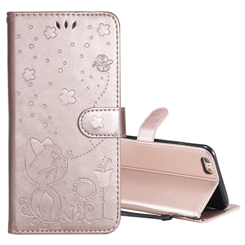 For Apple iPhone 6 Plus Cat and Bee Embossed Flip Leather Phone Case Wallet Cover with Card Slots Cash Pocket Magnetic Stand Protective Shockproof TPU PU Leather Case with Wrist Strap