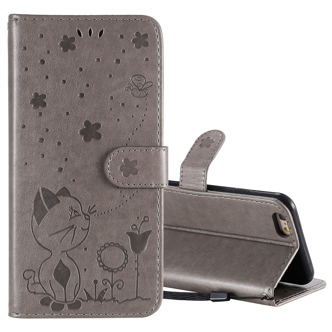 For Apple iPhone 6 Cat and Bee Embossed Flip Leather Phone Case Wallet Cover with Card Slots Cash Pocket Magnetic Stand Protective Shockproof TPU PU Leather Case with Wrist Strap