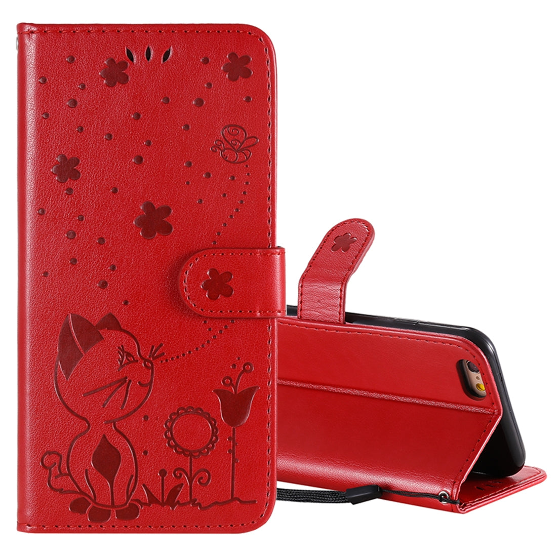 For Apple iPhone 6 Cat and Bee Embossed Flip Leather Phone Case Wallet Cover with Card Slots Cash Pocket Magnetic Stand Protective Shockproof TPU PU Leather Case with Wrist Strap