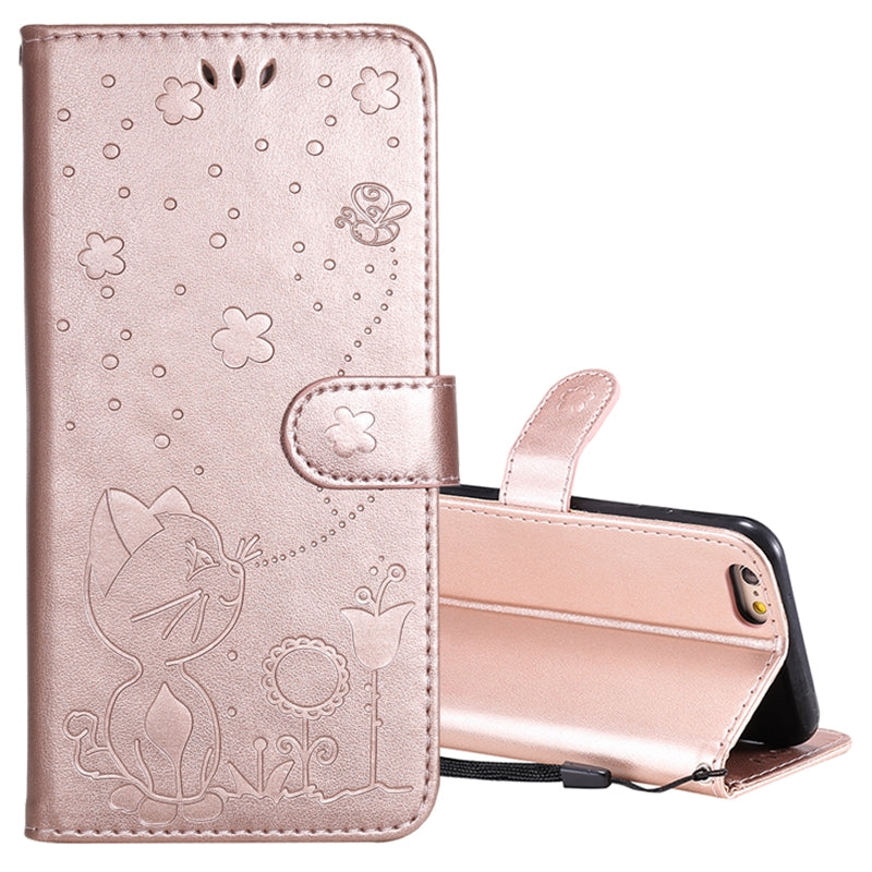 For Apple iPhone 6 Cat and Bee Embossed Flip Leather Phone Case Wallet Cover with Card Slots Cash Pocket Magnetic Stand Protective Shockproof TPU PU Leather Case with Wrist Strap