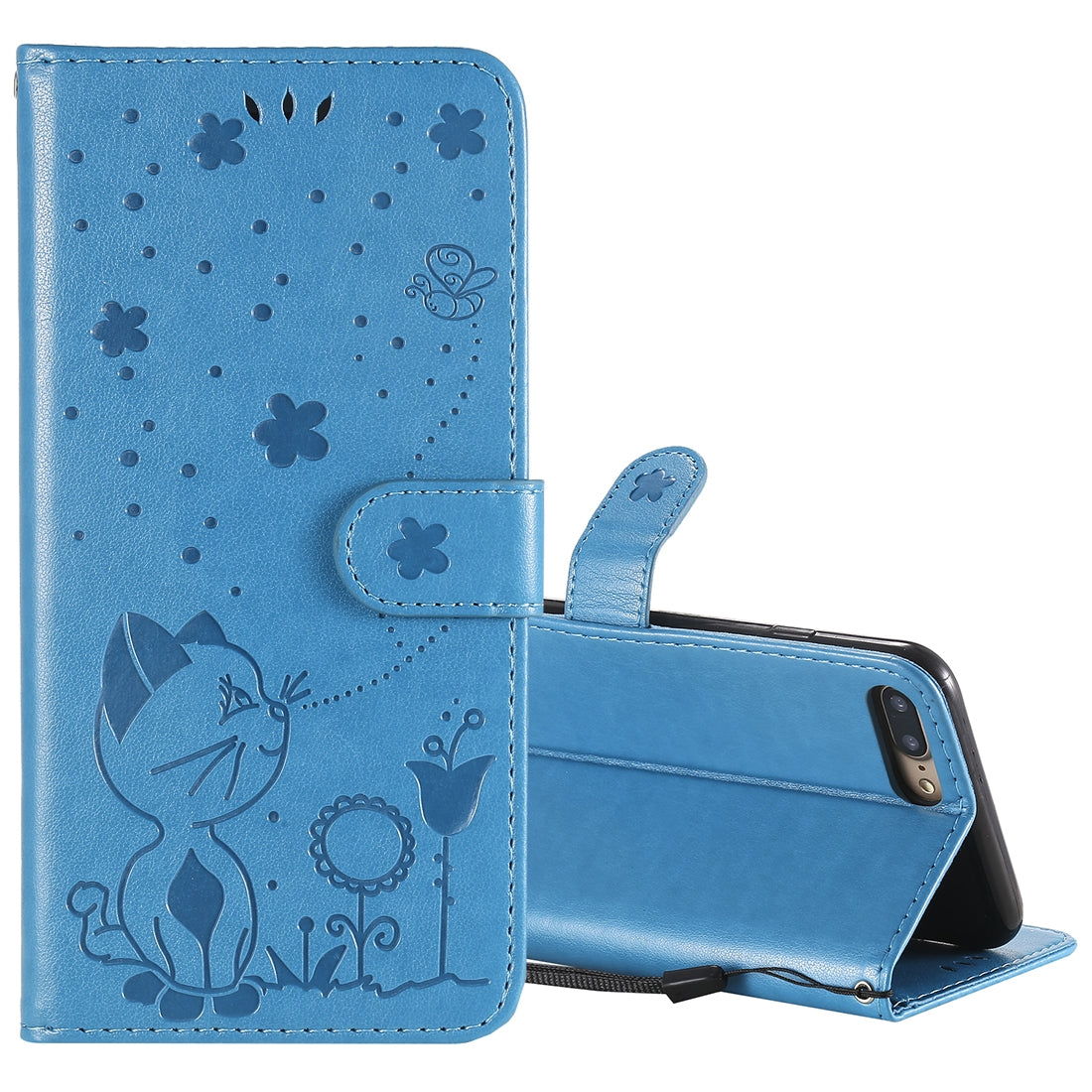 For Apple iPhone 8 Plus Cat and Bee Embossed Flip Leather Phone Case Wallet Cover with Card Slots Cash Pocket Magnetic Stand Protective Shockproof TPU PU Leather Case with Wrist Strap