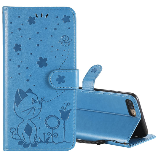 For Apple iPhone 7 Plus Cat and Bee Embossed Flip Leather Phone Case Wallet Cover with Card Slots Cash Pocket Magnetic Stand Protective Shockproof TPU PU Leather Case with Wrist Strap