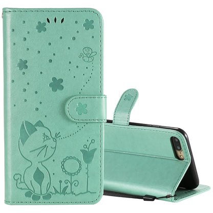 For Apple iPhone 8 Plus Cat and Bee Embossed Flip Leather Phone Case Wallet Cover with Card Slots Cash Pocket Magnetic Stand Protective Shockproof TPU PU Leather Case with Wrist Strap
