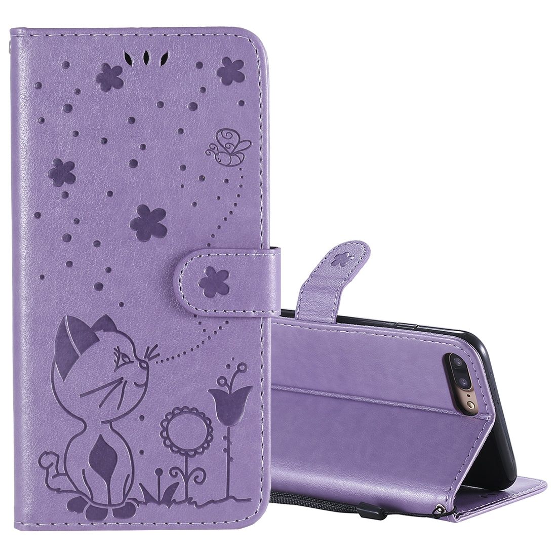 For Apple iPhone 8 Plus Cat and Bee Embossed Flip Leather Phone Case Wallet Cover with Card Slots Cash Pocket Magnetic Stand Protective Shockproof TPU PU Leather Case with Wrist Strap