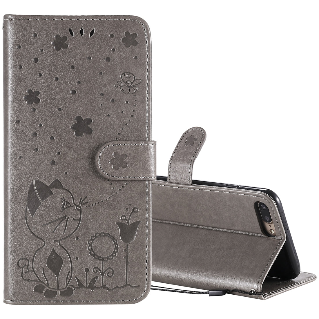 For Apple iPhone 8 Plus Cat and Bee Embossed Flip Leather Phone Case Wallet Cover with Card Slots Cash Pocket Magnetic Stand Protective Shockproof TPU PU Leather Case with Wrist Strap