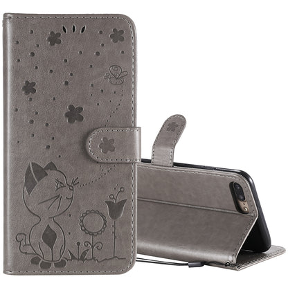 For Apple iPhone 8 Plus Cat and Bee Embossed Flip Leather Phone Case Wallet Cover with Card Slots Cash Pocket Magnetic Stand Protective Shockproof TPU PU Leather Case with Wrist Strap