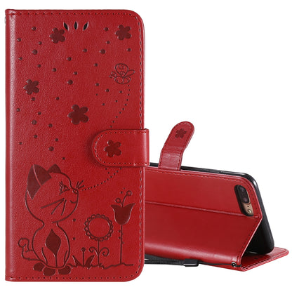 For Apple iPhone 8 Plus Cat and Bee Embossed Flip Leather Phone Case Wallet Cover with Card Slots Cash Pocket Magnetic Stand Protective Shockproof TPU PU Leather Case with Wrist Strap