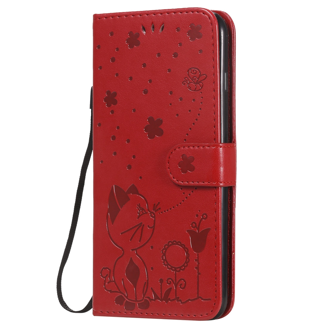 For Apple iPhone 8 Plus Cat and Bee Embossed Flip Leather Phone Case Wallet Cover with Card Slots Cash Pocket Magnetic Stand Protective Shockproof TPU PU Leather Case with Wrist Strap