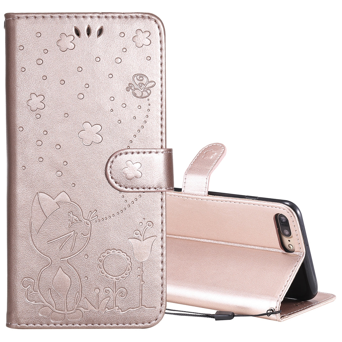 For Apple iPhone 8 Plus Cat and Bee Embossed Flip Leather Phone Case Wallet Cover with Card Slots Cash Pocket Magnetic Stand Protective Shockproof TPU PU Leather Case with Wrist Strap