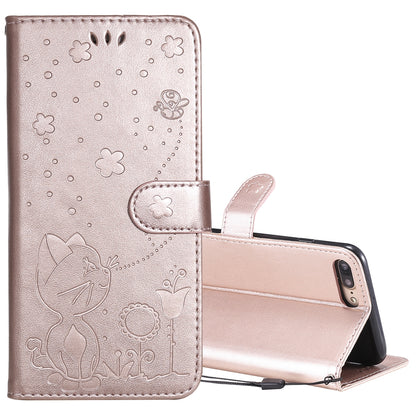 For Apple iPhone 8 Plus Cat and Bee Embossed Flip Leather Phone Case Wallet Cover with Card Slots Cash Pocket Magnetic Stand Protective Shockproof TPU PU Leather Case with Wrist Strap