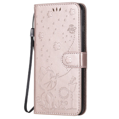 For Apple iPhone 8 Plus Cat and Bee Embossed Flip Leather Phone Case Wallet Cover with Card Slots Cash Pocket Magnetic Stand Protective Shockproof TPU PU Leather Case with Wrist Strap