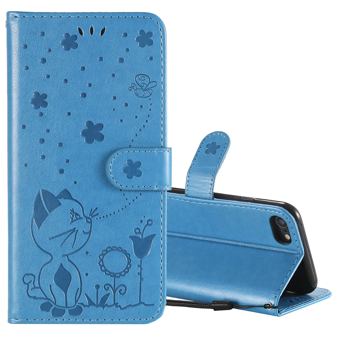 For Apple iPhone SE 2022 Cat and Bee Embossed Flip Leather Phone Case Wallet Cover with Card Slots Cash Pocket Magnetic Stand Protective Shockproof TPU PU Leather Case with Wrist Strap