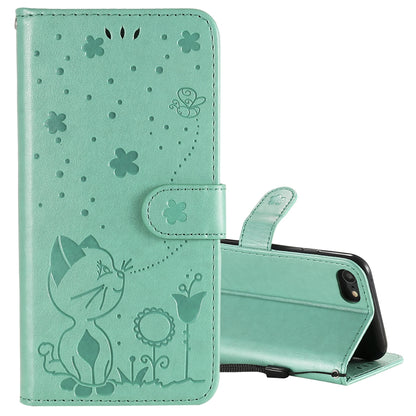 For Apple iPhone 7 Cat and Bee Embossed Flip Leather Phone Case Wallet Cover with Card Slots Cash Pocket Magnetic Stand Protective Shockproof TPU PU Leather Case with Wrist Strap