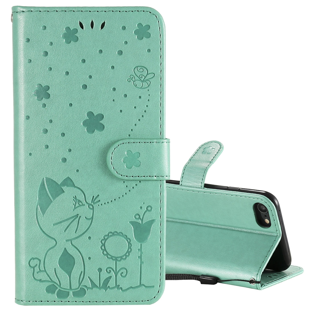 For Apple iPhone 8 Cat and Bee Embossed Flip Leather Phone Case Wallet Cover with Card Slots Cash Pocket Magnetic Stand Protective Shockproof TPU PU Leather Case with Wrist Strap
