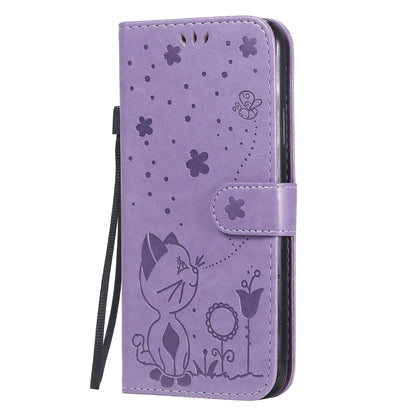 For Apple iPhone 7 Cat and Bee Embossed Flip Leather Phone Case Wallet Cover with Card Slots Cash Pocket Magnetic Stand Protective Shockproof TPU PU Leather Case with Wrist Strap