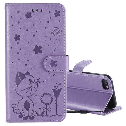 For Apple iPhone 7 Cat and Bee Embossed Flip Leather Phone Case Wallet Cover with Card Slots Cash Pocket Magnetic Stand Protective Shockproof TPU PU Leather Case with Wrist Strap