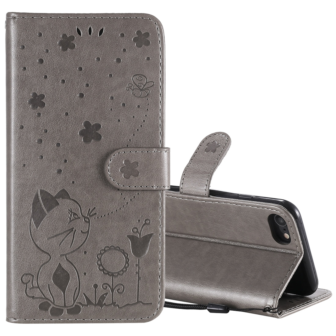 For Apple iPhone SE 2022 Cat and Bee Embossed Flip Leather Phone Case Wallet Cover with Card Slots Cash Pocket Magnetic Stand Protective Shockproof TPU PU Leather Case with Wrist Strap