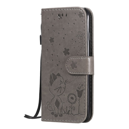 For Apple iPhone 8 Cat and Bee Embossed Flip Leather Phone Case Wallet Cover with Card Slots Cash Pocket Magnetic Stand Protective Shockproof TPU PU Leather Case with Wrist Strap