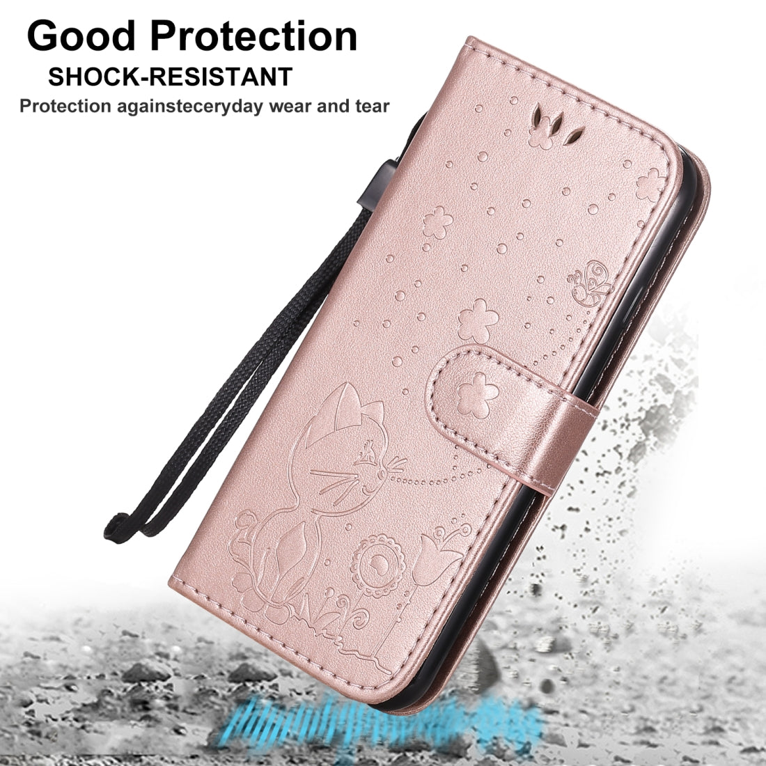 For Apple iPhone 7 Cat and Bee Embossed Flip Leather Phone Case Wallet Cover with Card Slots Cash Pocket Magnetic Stand Protective Shockproof TPU PU Leather Case with Wrist Strap
