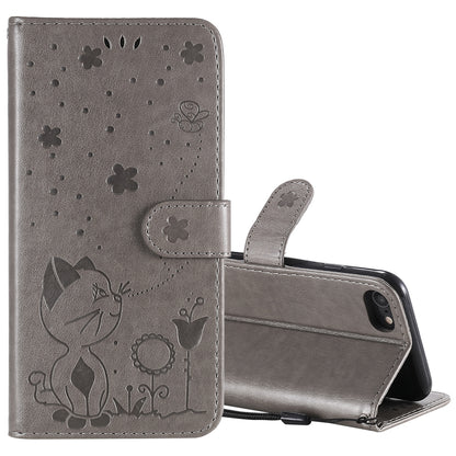 For Apple iPhone 8 Cat and Bee Embossed Flip Leather Phone Case Wallet Cover with Card Slots Cash Pocket Magnetic Stand Protective Shockproof TPU PU Leather Case with Wrist Strap