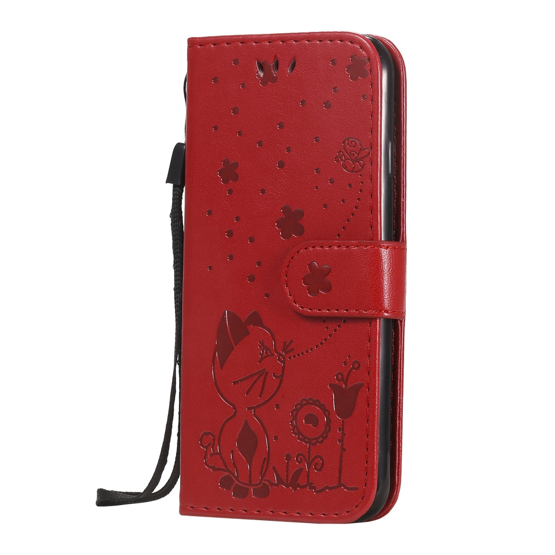 For Apple iPhone 7 Cat and Bee Embossed Flip Leather Phone Case Wallet Cover with Card Slots Cash Pocket Magnetic Stand Protective Shockproof TPU PU Leather Case with Wrist Strap