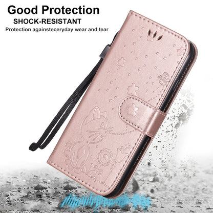 For Apple iPhone SE 2022 Cat and Bee Embossed Flip Leather Phone Case Wallet Cover with Card Slots Cash Pocket Magnetic Stand Protective Shockproof TPU PU Leather Case with Wrist Strap