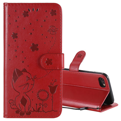 For Apple iPhone 7 Cat and Bee Embossed Flip Leather Phone Case Wallet Cover with Card Slots Cash Pocket Magnetic Stand Protective Shockproof TPU PU Leather Case with Wrist Strap