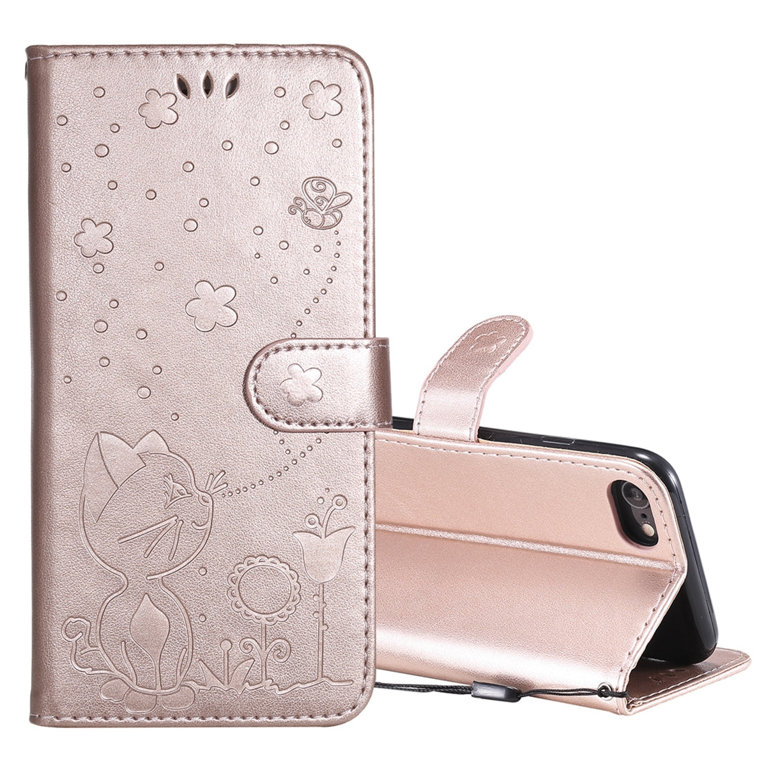 For Apple iPhone SE 2022 Cat and Bee Embossed Flip Leather Phone Case Wallet Cover with Card Slots Cash Pocket Magnetic Stand Protective Shockproof TPU PU Leather Case with Wrist Strap