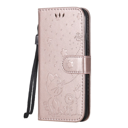 For Apple iPhone SE 2022 Cat and Bee Embossed Flip Leather Phone Case Wallet Cover with Card Slots Cash Pocket Magnetic Stand Protective Shockproof TPU PU Leather Case with Wrist Strap
