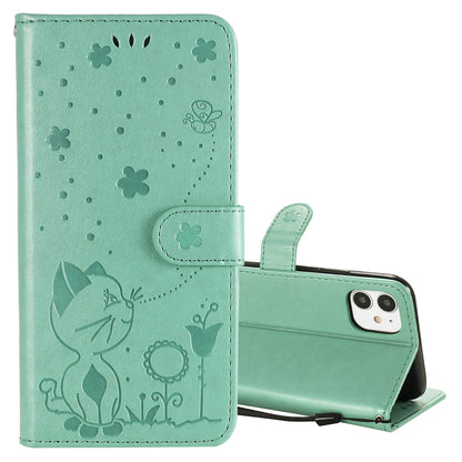 For Apple iPhone 11 Cat and Bee Embossed Flip Leather Phone Case Wallet Cover with Card Slots Cash Pocket Magnetic Stand Protective Shockproof TPU PU Leather Case with Wrist Strap